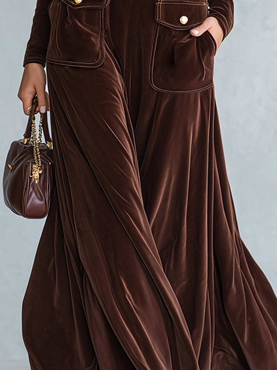 Premium Minimalist Brown Button-Detail High-Neck Velvet Maxi Dress