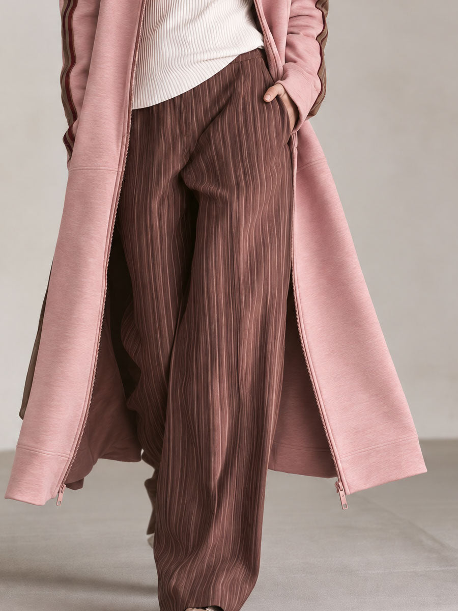 Retro Casual Pink Contrast Side-Stripe Stand-Collar Zip-Up Long Sweatshirt Coat