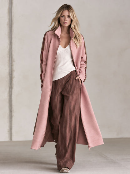 Retro Casual Pink Contrast Side-Stripe Stand-Collar Zip-Up Long Sweatshirt Coat