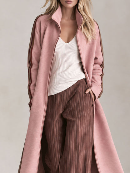 Retro Casual Pink Contrast Side-Stripe Stand-Collar Zip-Up Long Sweatshirt Coat