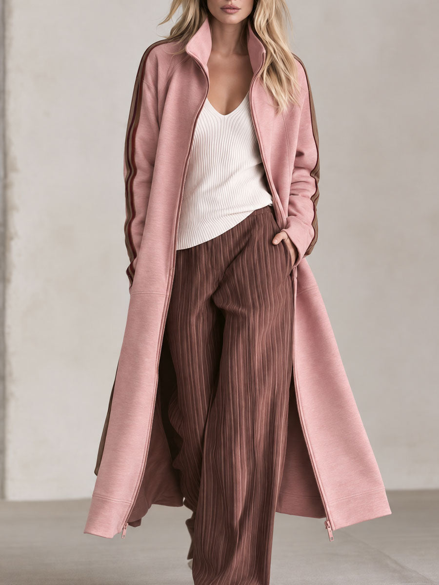 Retro Casual Pink Contrast Side-Stripe Stand-Collar Zip-Up Long Sweatshirt Coat