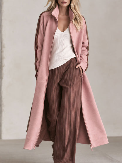 Retro Casual Pink Contrast Side-Stripe Stand-Collar Zip-Up Long Sweatshirt Coat