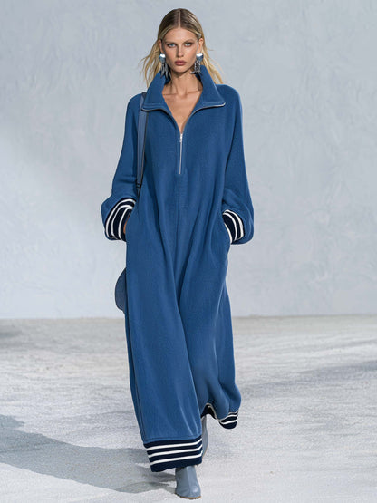 Retro Sporty Oversized Long Sleeve Stand Collar Quarter-Zip Striped Cuff Fleece Maxi Dress