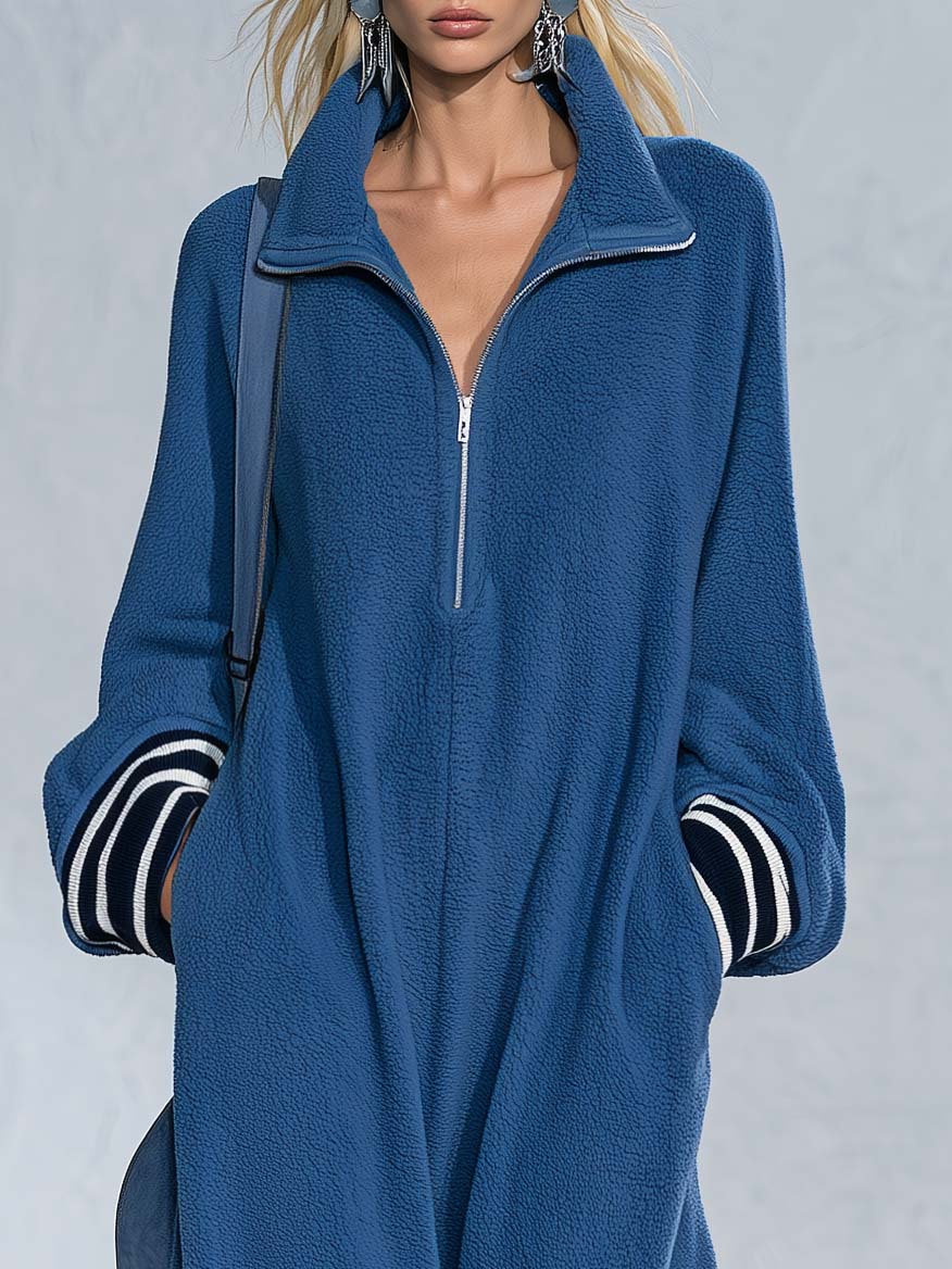 Retro Sporty Oversized Long Sleeve Stand Collar Quarter-Zip Striped Cuff Fleece Maxi Dress