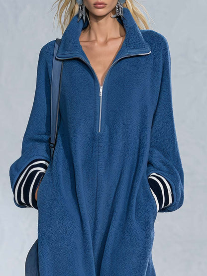 Retro Sporty Oversized Long Sleeve Stand Collar Quarter-Zip Striped Cuff Fleece Maxi Dress