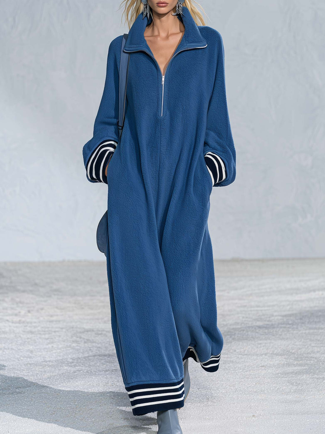 Retro Sporty Oversized Long Sleeve Stand Collar Quarter-Zip Striped Cuff Fleece Maxi Dress