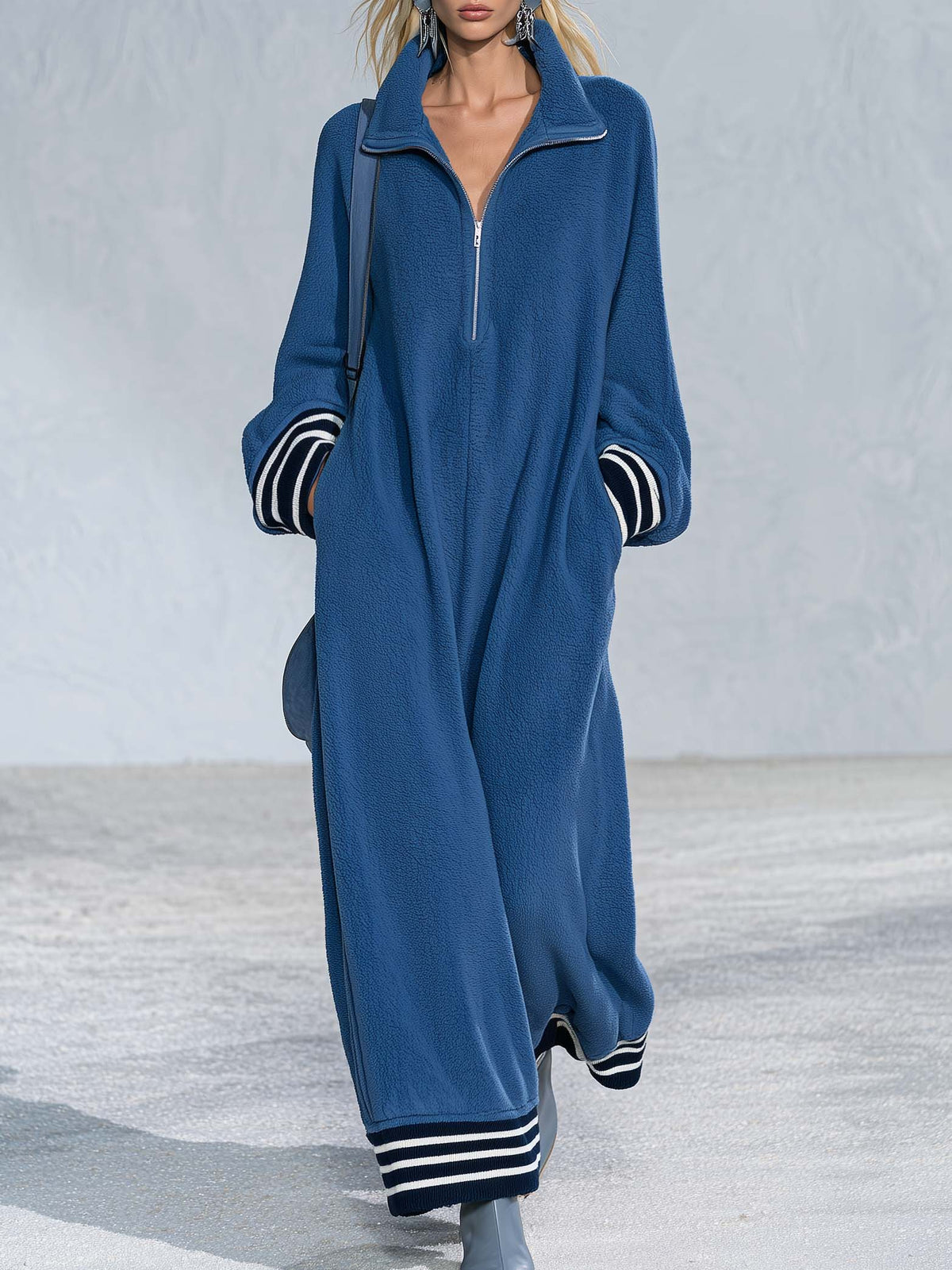 Retro Sporty Oversized Long Sleeve Stand Collar Quarter-Zip Striped Cuff Fleece Maxi Dress