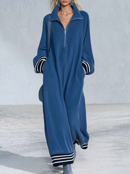 Retro Sporty Oversized Long Sleeve Stand Collar Quarter-Zip Striped Cuff Fleece Maxi Dress
