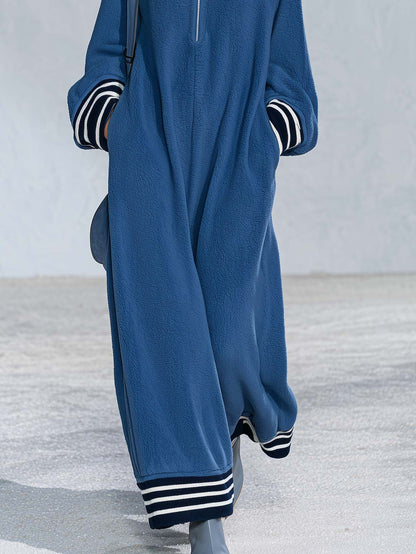 Retro Sporty Oversized Long Sleeve Stand Collar Quarter-Zip Striped Cuff Fleece Maxi Dress