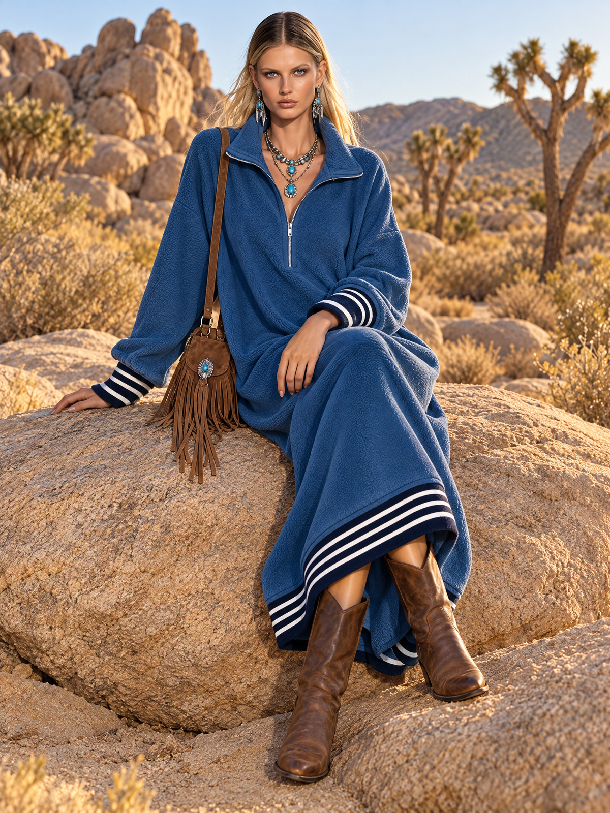 Retro Sporty Oversized Long Sleeve Stand Collar Quarter-Zip Striped Cuff Fleece Maxi Dress