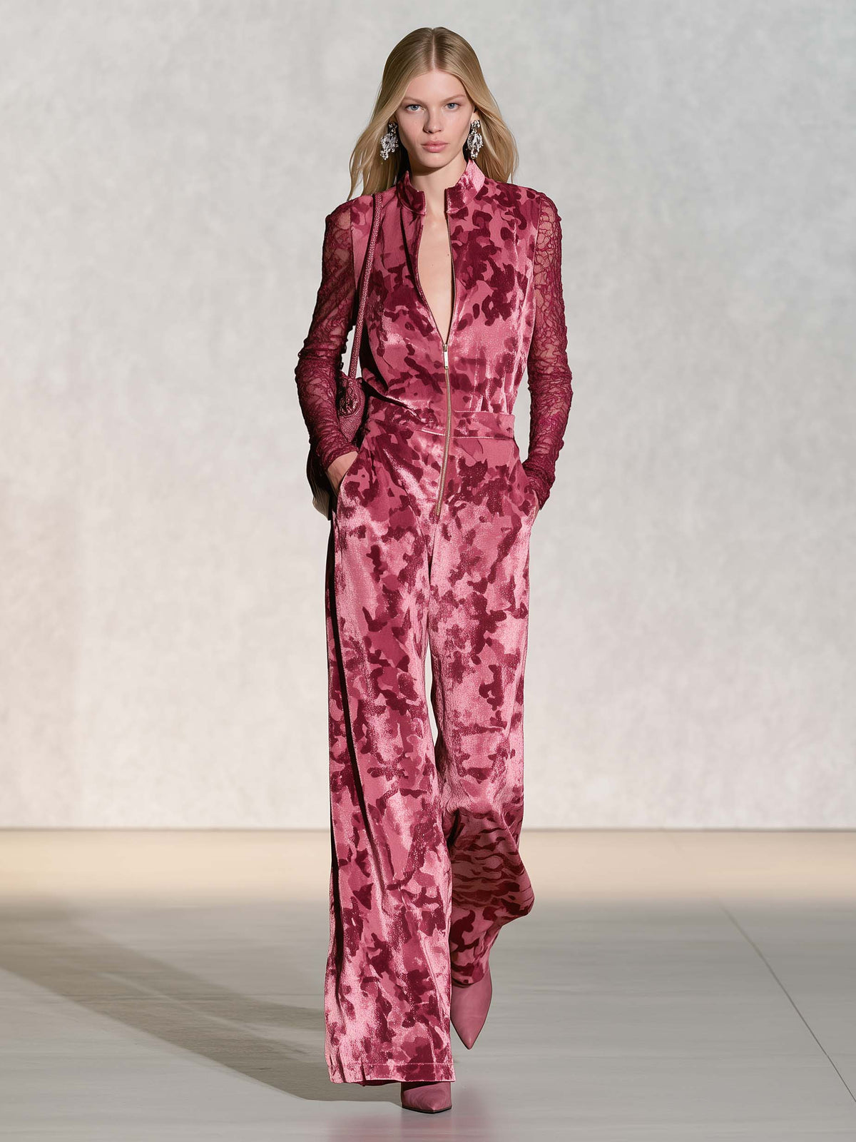 Edgy Chic Camo Print Sheer Lace Sleeves Velvet Jumpsuit