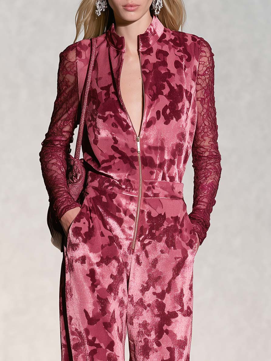 Edgy Chic Camo Print Sheer Lace Sleeves Velvet Jumpsuit