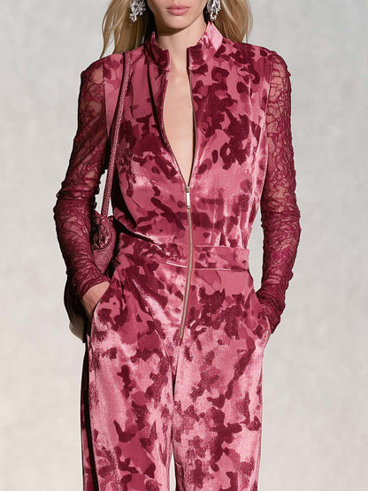 Edgy Chic Camo Print Sheer Lace Sleeves Velvet Jumpsuit