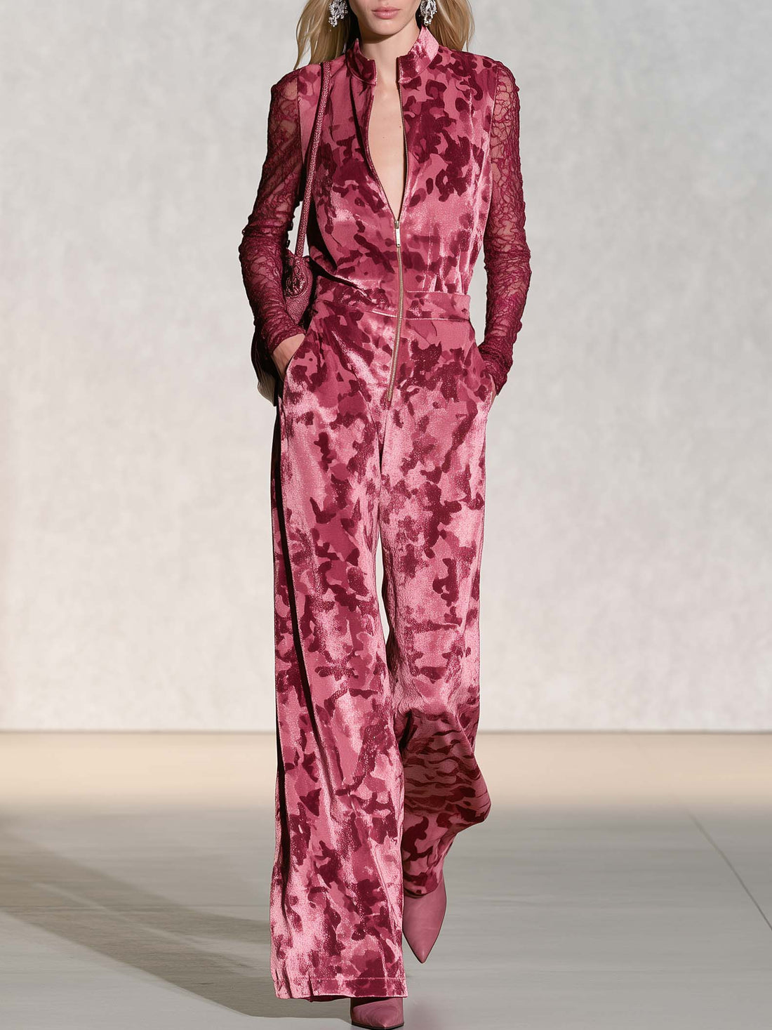 Edgy Chic Camo Print Sheer Lace Sleeves Velvet Jumpsuit