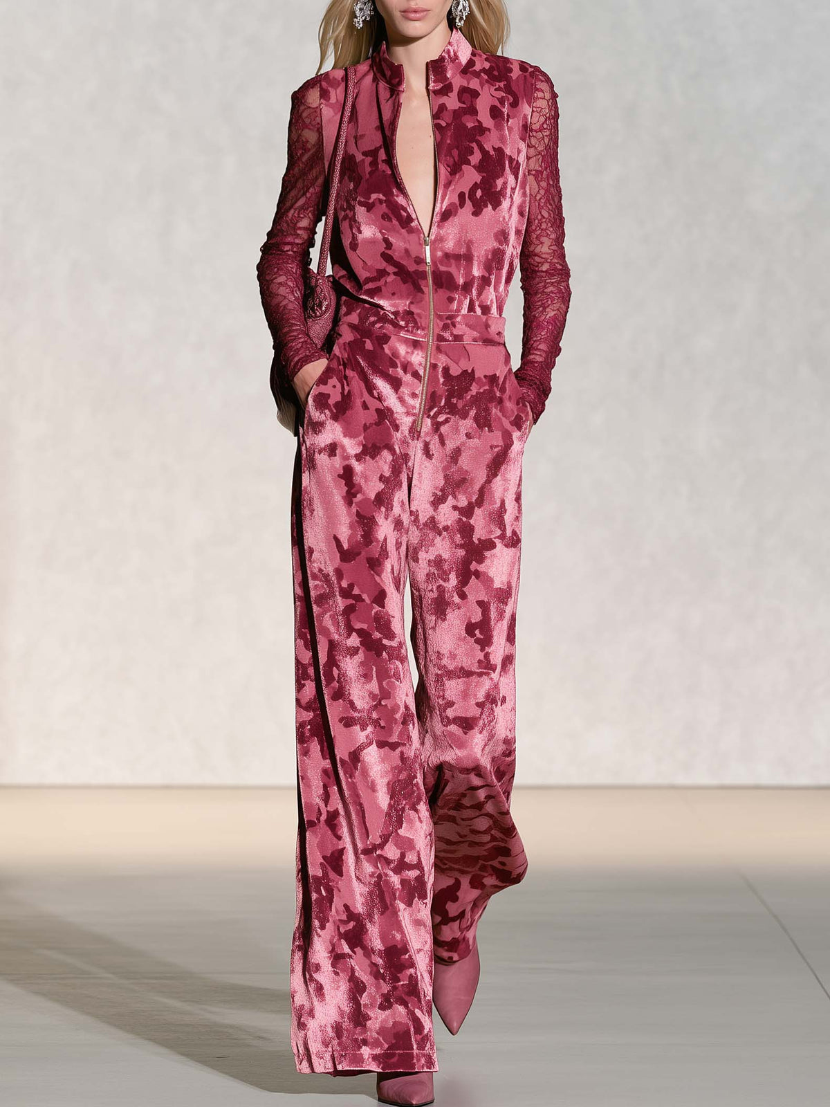 Edgy Chic Camo Print Sheer Lace Sleeves Velvet Jumpsuit