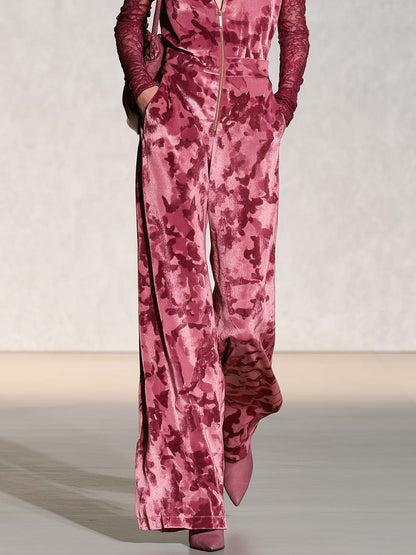 Edgy Chic Camo Print Sheer Lace Sleeves Velvet Jumpsuit
