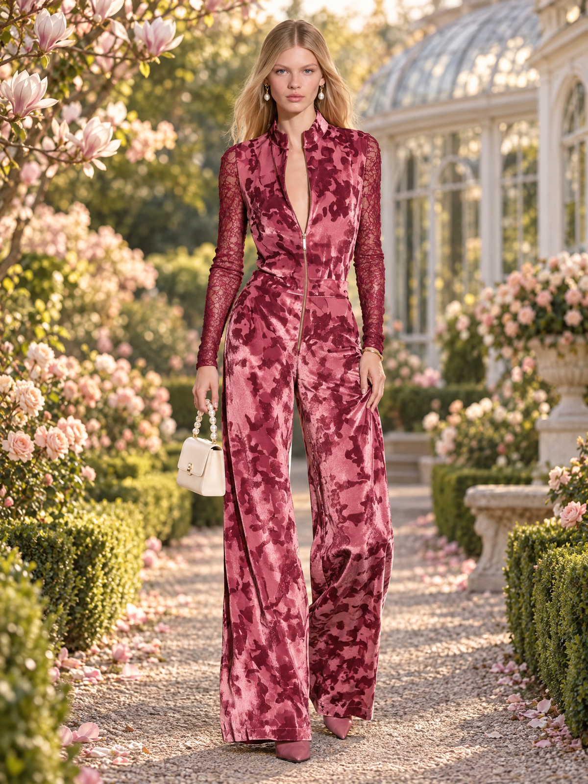 Edgy Chic Camo Print Sheer Lace Sleeves Velvet Jumpsuit