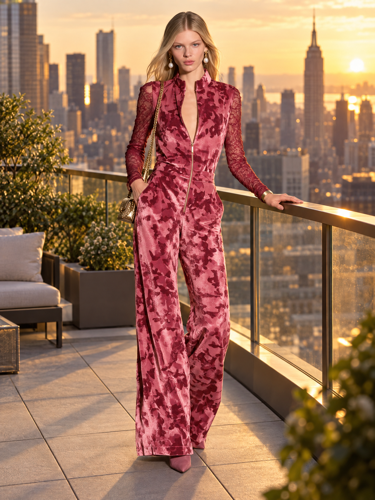Edgy Chic Camo Print Sheer Lace Sleeves Velvet Jumpsuit