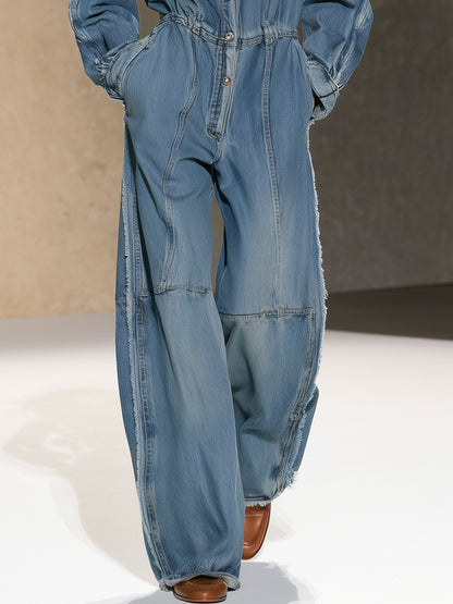 Fashionable Retro Frayed Faded Blue Denim Long-sleeved Wide-leg Jumpsuit