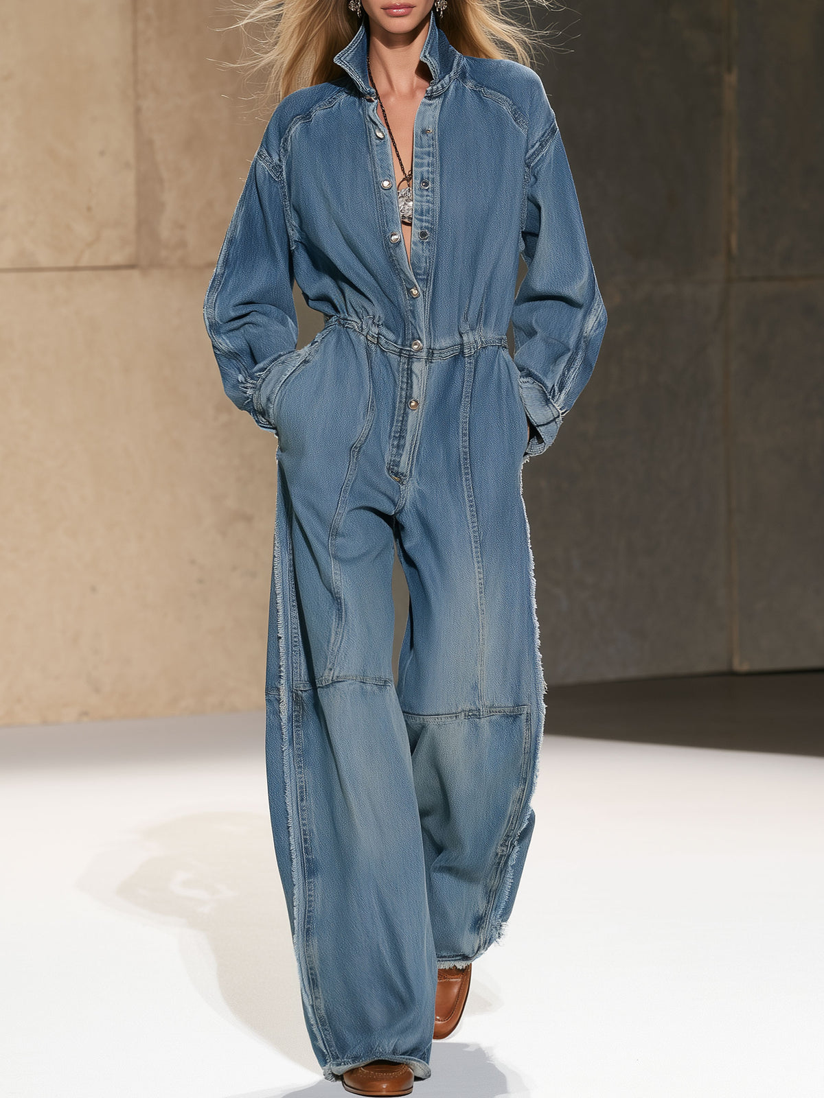 Fashionable Retro Frayed Faded Blue Denim Long-sleeved Wide-leg Jumpsuit