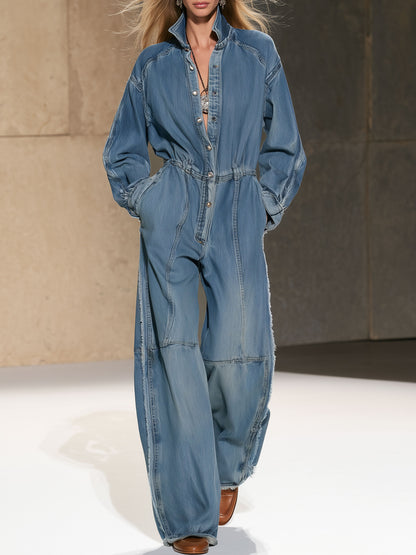 Fashionable Retro Frayed Faded Blue Denim Long-sleeved Wide-leg Jumpsuit