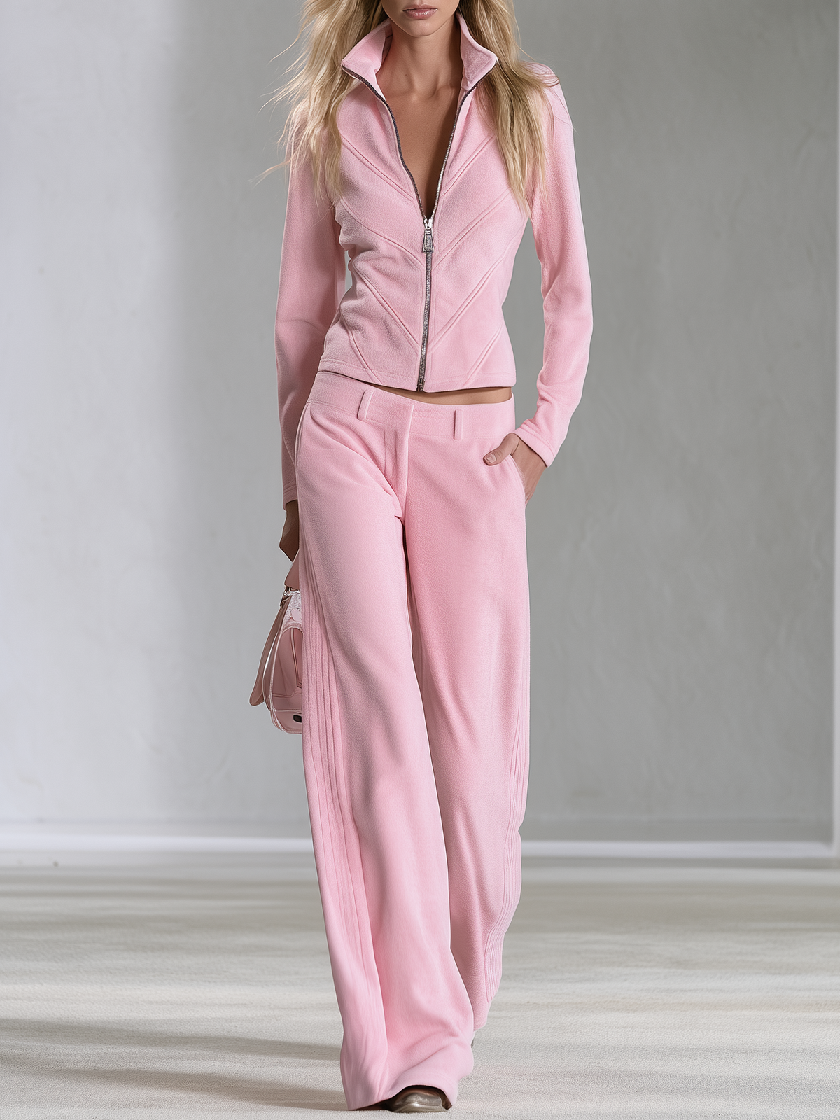 Retro Sporty Quilted Stitch Polar Fleece Zip Jacket And Pants Set