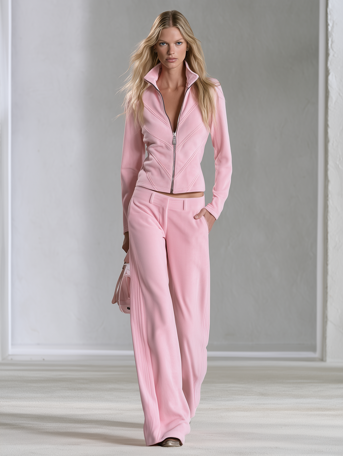 Retro Sporty Quilted Stitch Polar Fleece Zip Jacket And Pants Set