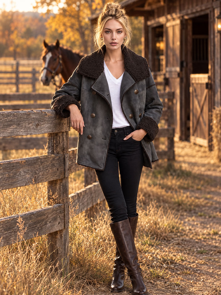 Retro Casual Gray Faux Suede And Faux Wool Collar Double-breasted Jacket
