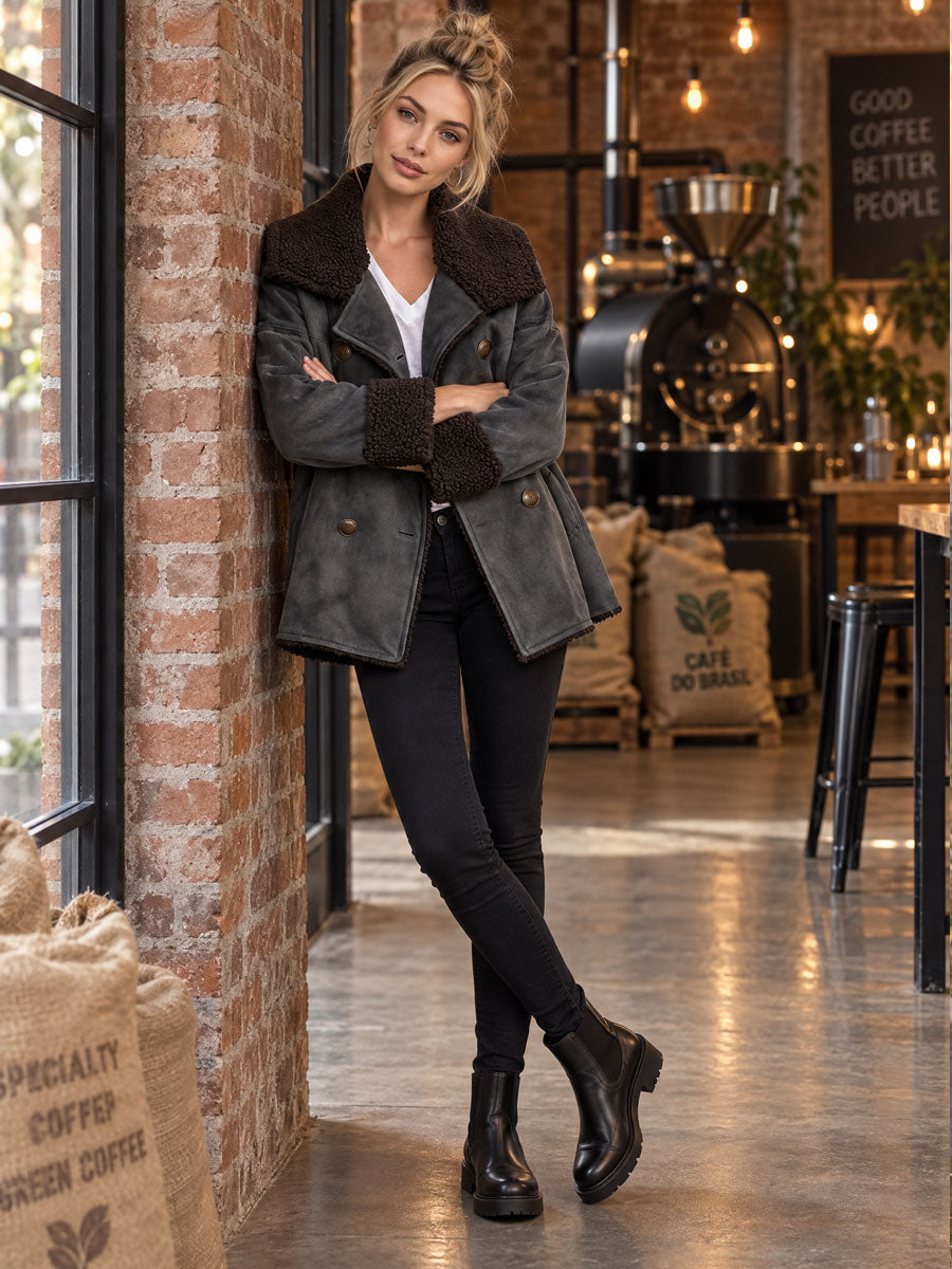 Retro Casual Gray Faux Suede And Faux Wool Collar Double-breasted Jacket