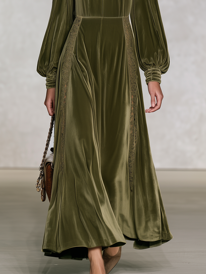 Vintage-style Elegant Long-sleeved Maxi Dress With Velvet And Lace Paneling