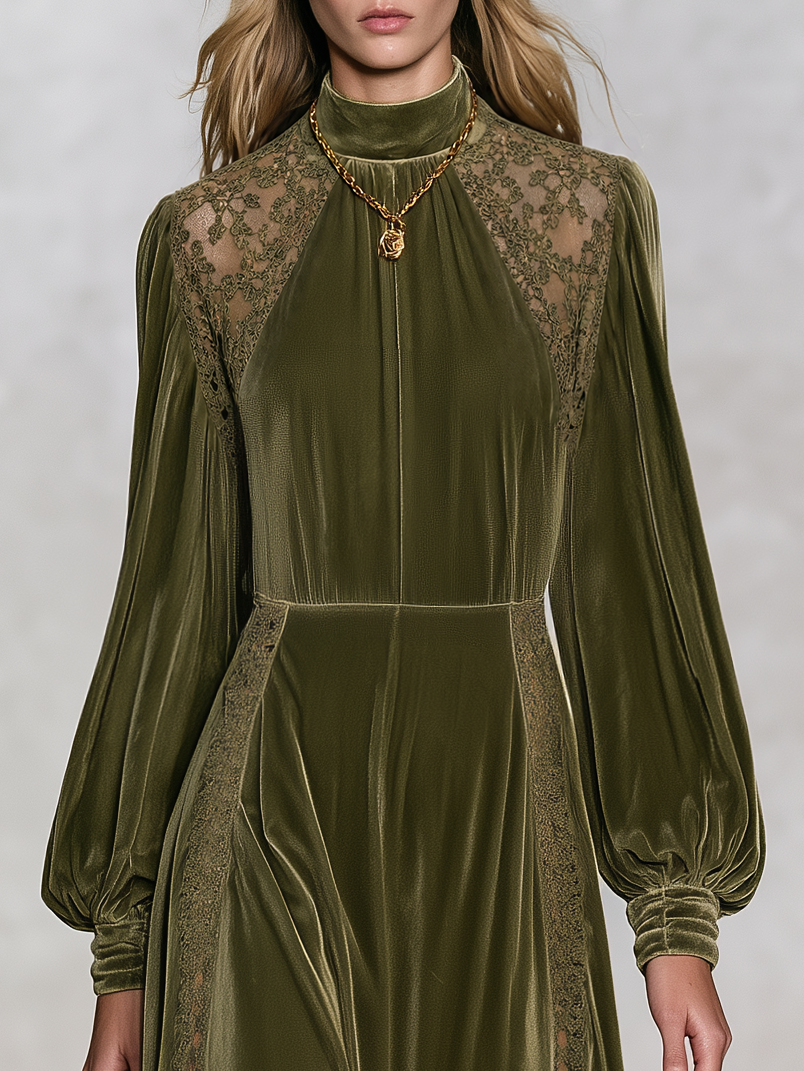 Vintage-style Elegant Long-sleeved Maxi Dress With Velvet And Lace Paneling
