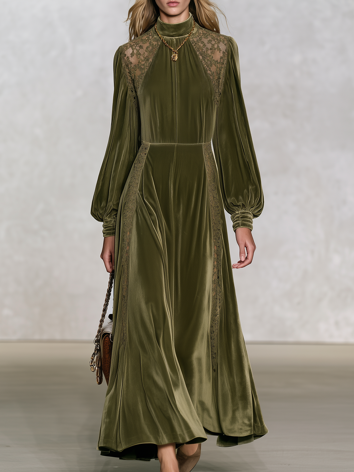 Vintage-style Elegant Long-sleeved Maxi Dress With Velvet And Lace Paneling