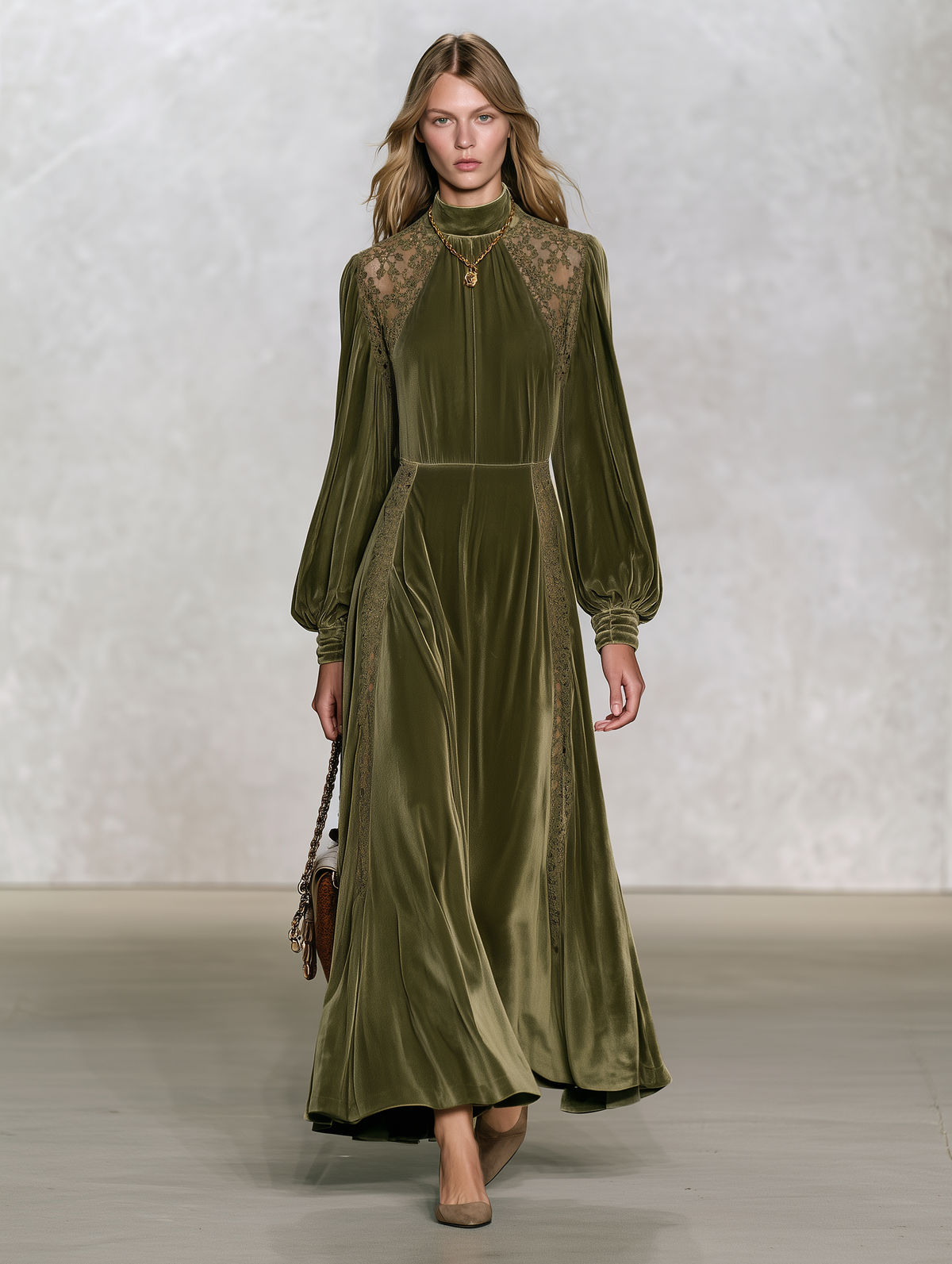 Vintage-style Elegant Long-sleeved Maxi Dress With Velvet And Lace Paneling