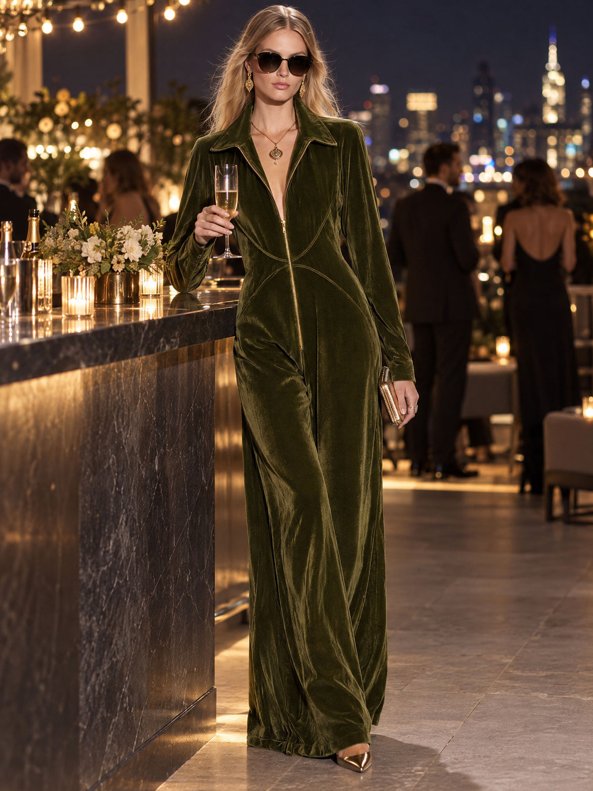 Stylish And Simple Olive Green Velvet Long-sleeved Wide-leg Jumpsuit