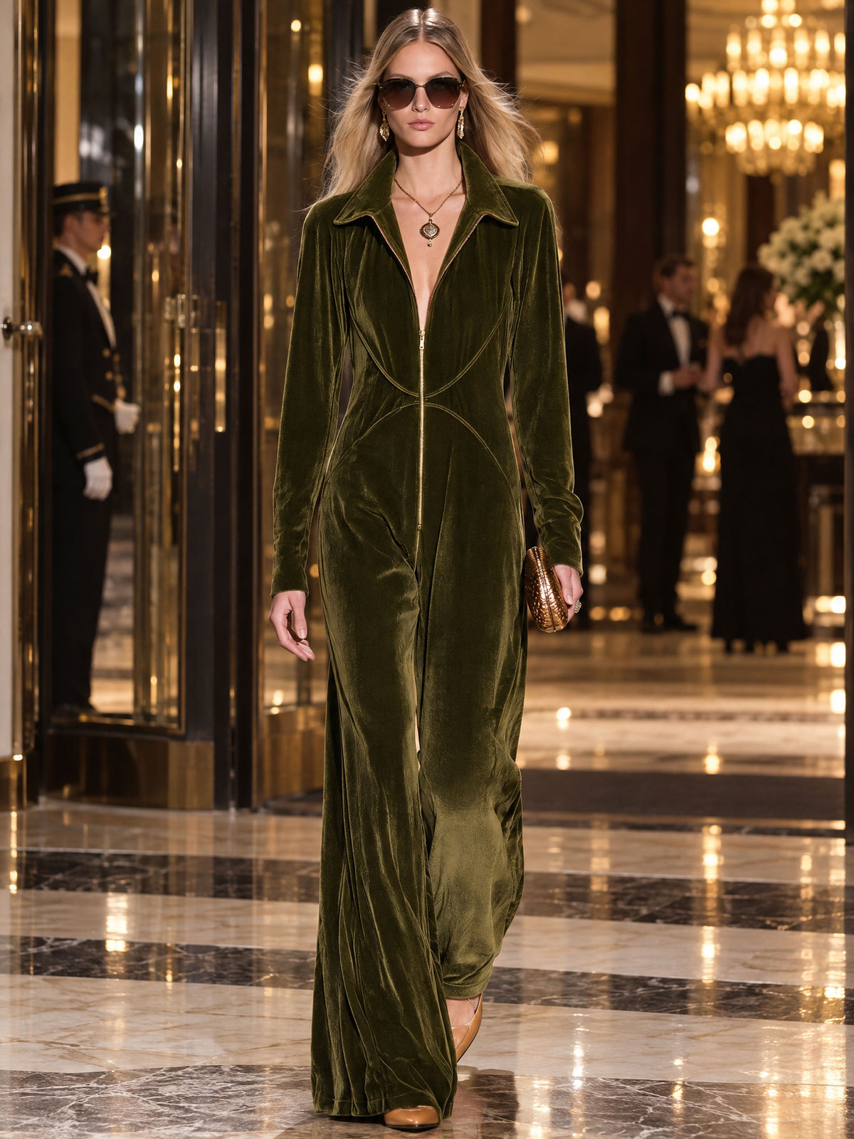 Stylish And Simple Olive Green Velvet Long-sleeved Wide-leg Jumpsuit