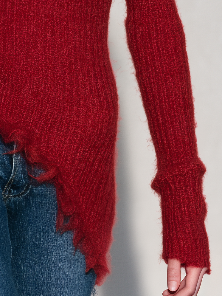 Retro Elegant Red Asymmetric Shoulder Frayed Hem Going-Out Top