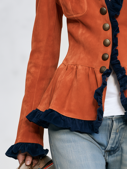 Retro Western Burnt Orange Faux Suede Navy Ruffle Trim Peplum Jacket