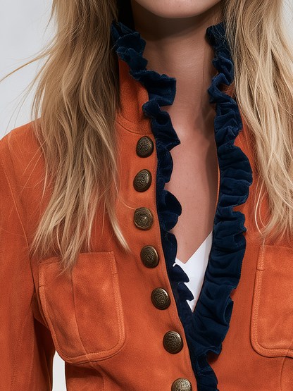 Retro Western Burnt Orange Faux Suede Navy Ruffle Trim Peplum Jacket