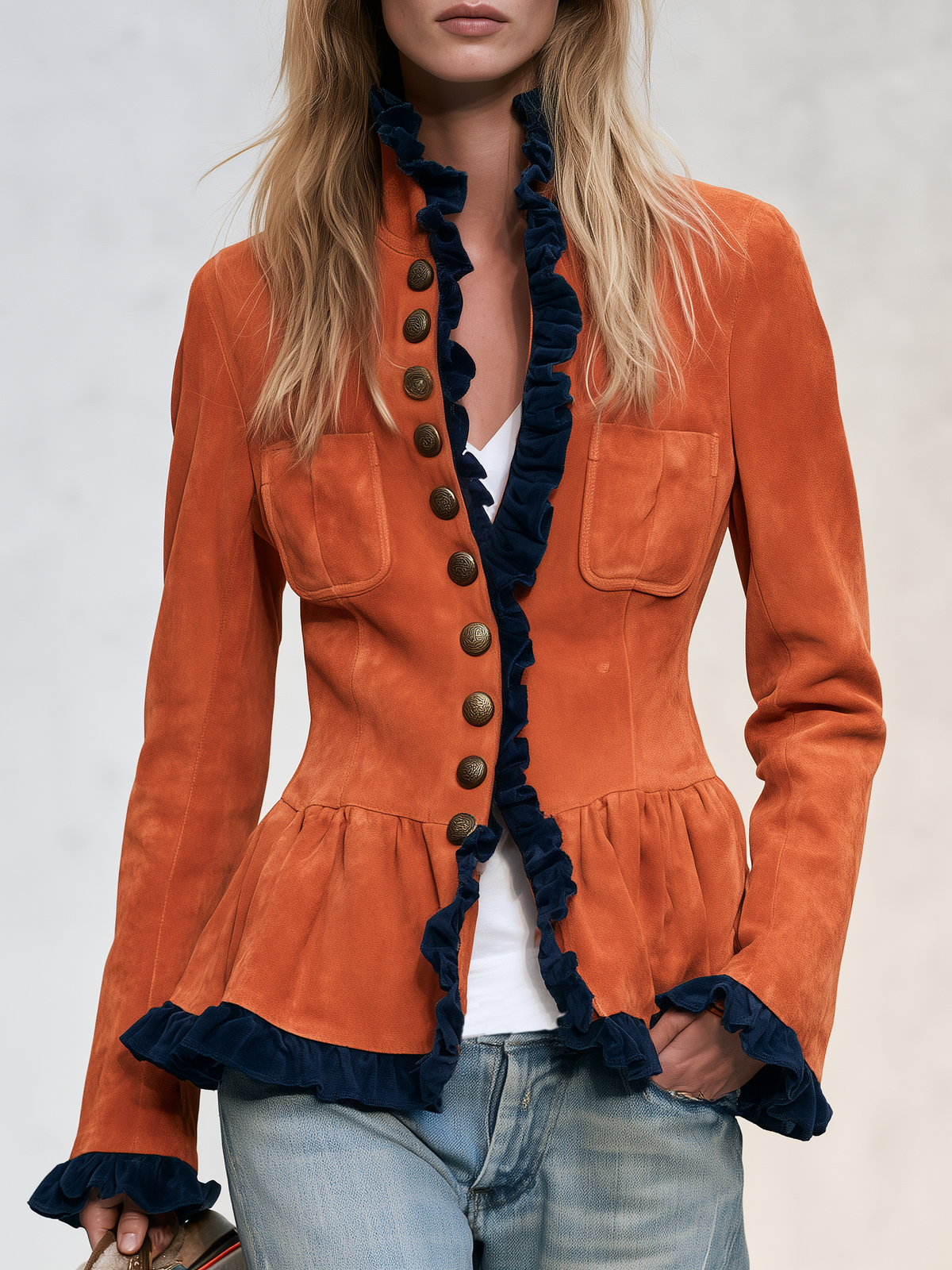 Retro Western Burnt Orange Faux Suede Navy Ruffle Trim Peplum Jacket