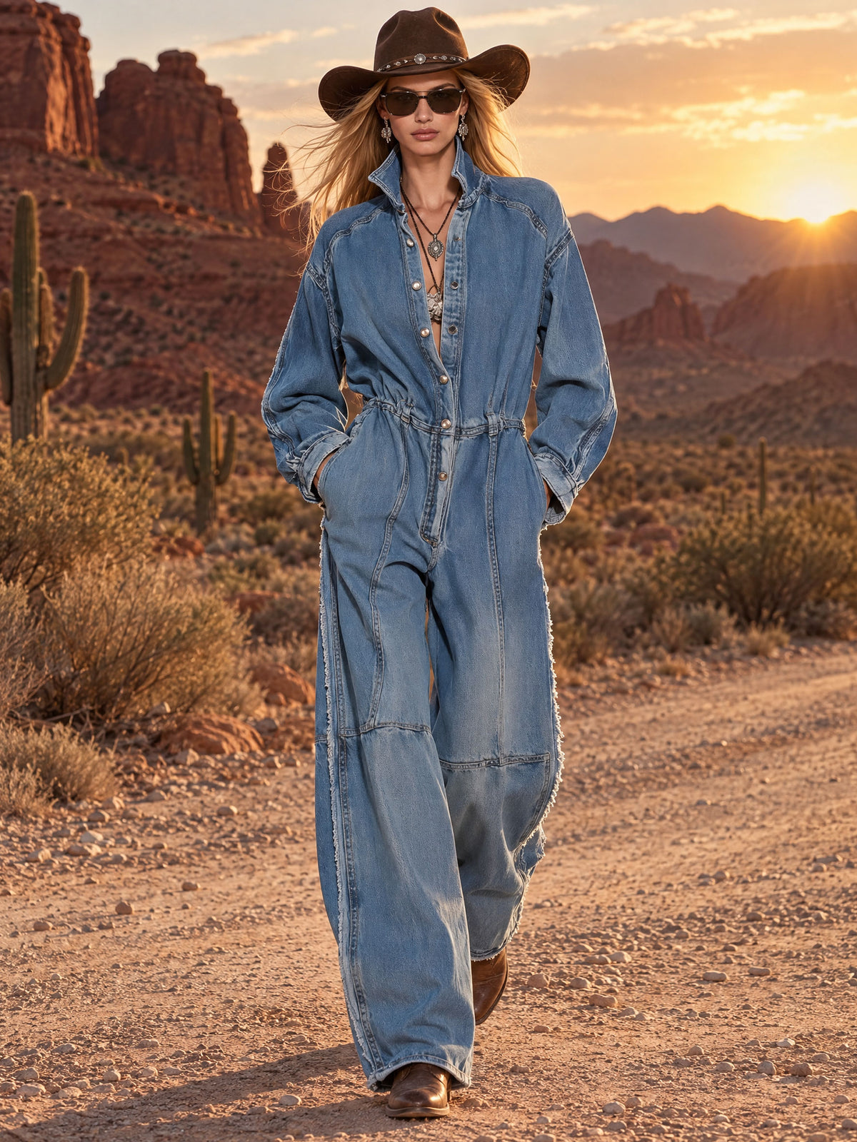 Fashionable Retro Frayed Faded Blue Denim Long-sleeved Wide-leg Jumpsuit