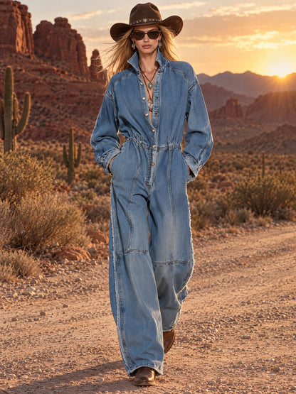 Fashionable Retro Frayed Faded Blue Denim Long-sleeved Wide-leg Jumpsuit