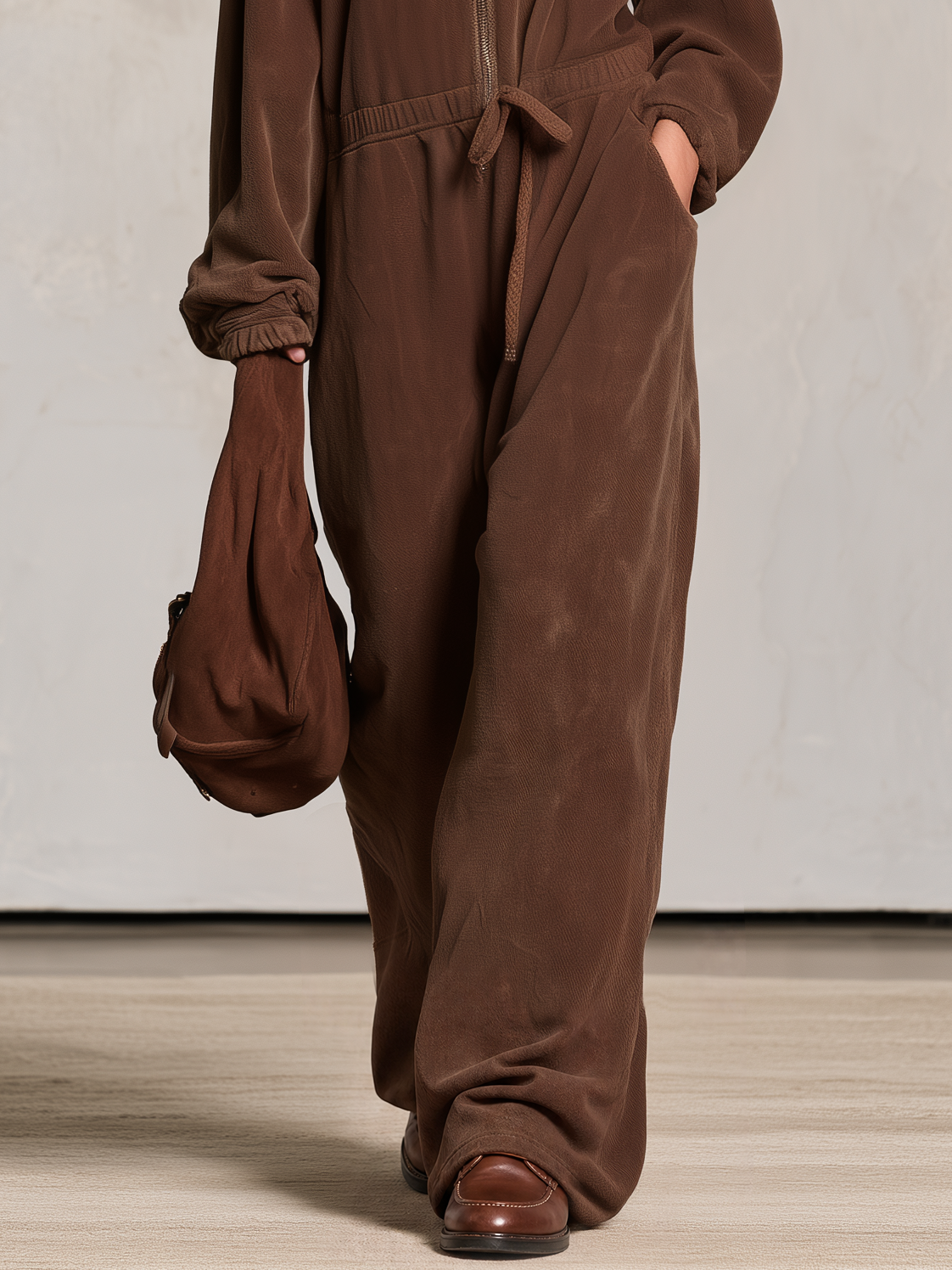 Retro Western Brown Fleece Hooded Jumpsuit With Pink Leopard Star Patch