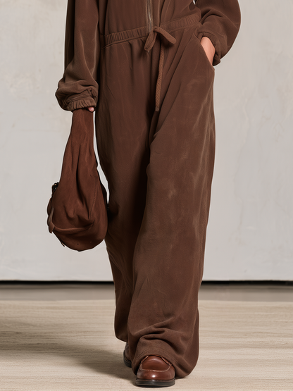 Retro Western Brown Fleece Hooded Jumpsuit With Pink Leopard Star Patch