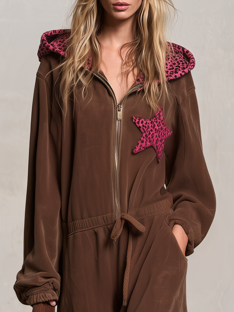 Retro Western Brown Fleece Hooded Jumpsuit With Pink Leopard Star Patch