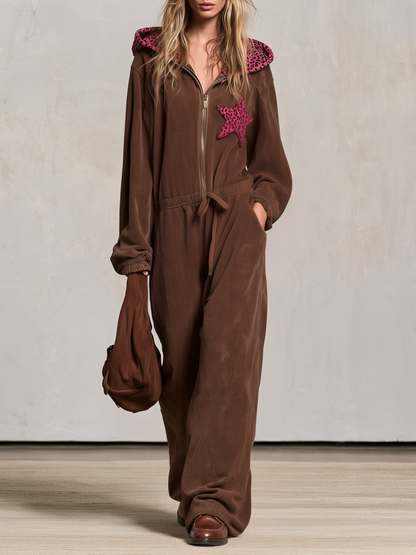 Retro Western Brown Fleece Hooded Jumpsuit With Pink Leopard Star Patch