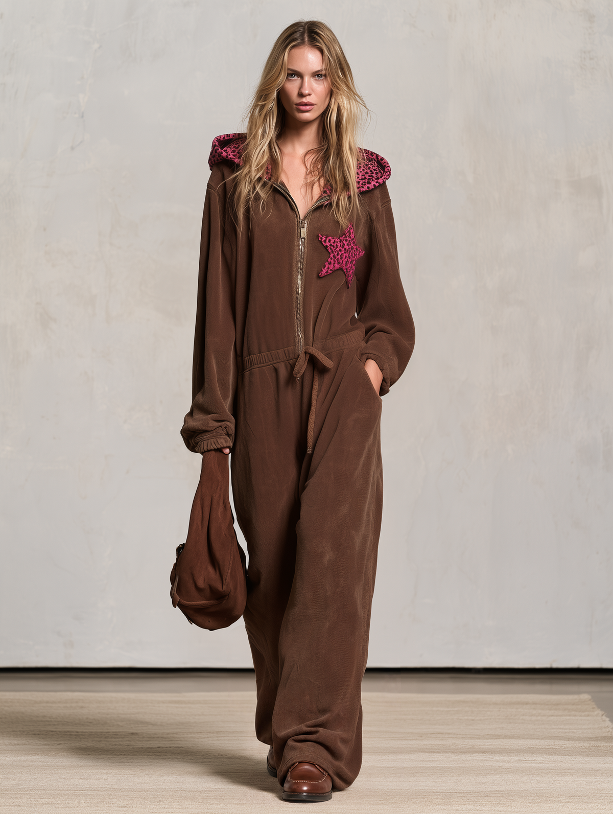 Retro Western Brown Fleece Hooded Jumpsuit With Pink Leopard Star Patch
