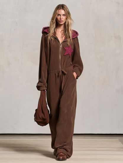Retro Western Brown Fleece Hooded Jumpsuit With Pink Leopard Star Patch