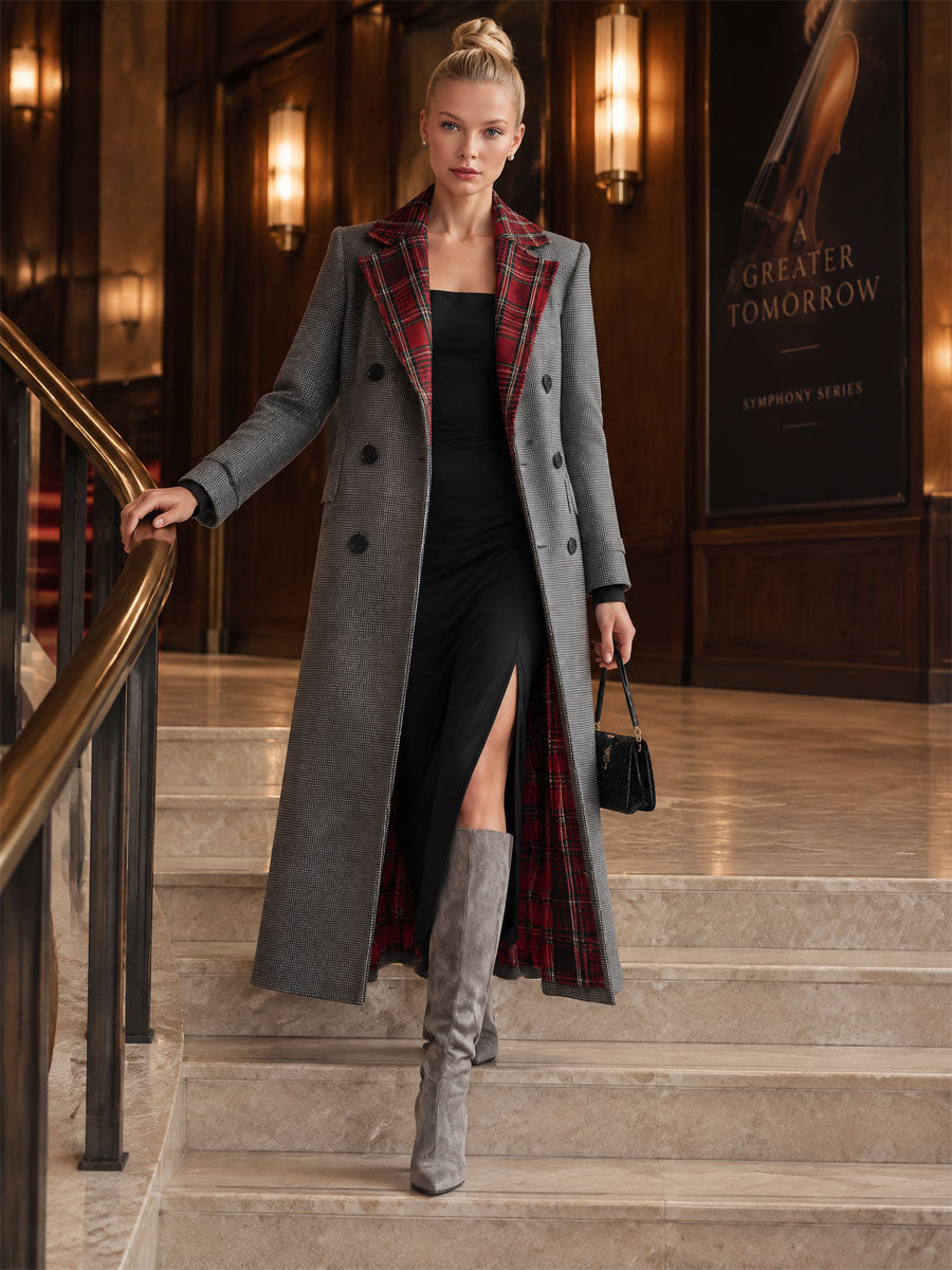 Classic Retro Red Plaid Lapel Grey Double-breasted Long Coat
