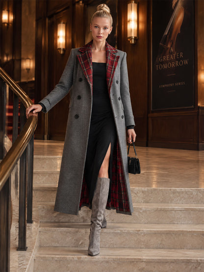 Classic Retro Red Plaid Lapel Grey Double-breasted Long Coat