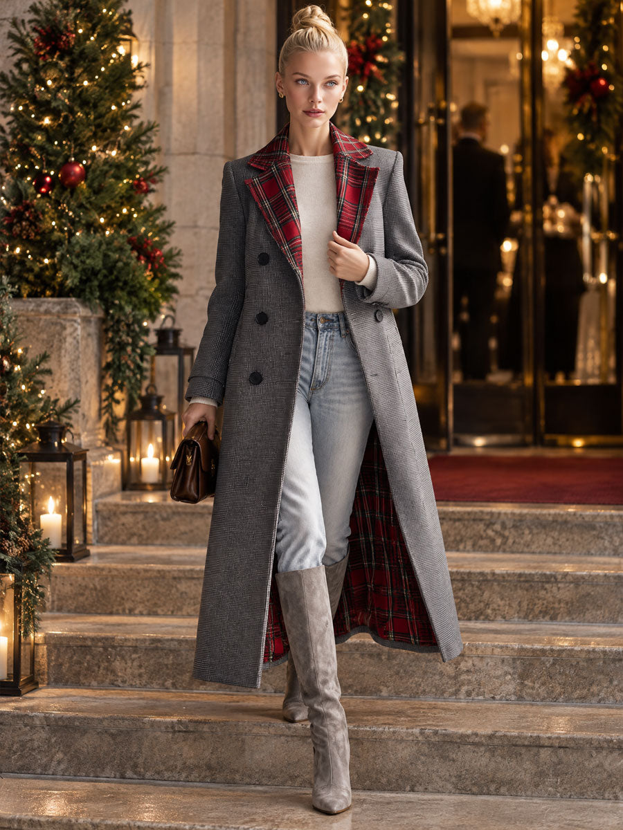 Classic Retro Red Plaid Lapel Grey Double-breasted Long Coat